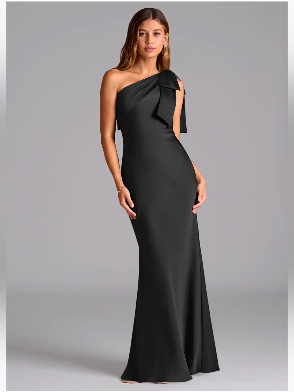 Azazie One-Shoulder Black Evening Gown with Bow Detail